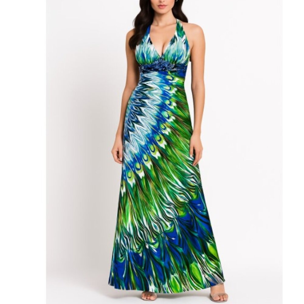 Masquerade Beaded Halter Formal Maxi Gown Blue Green Abstract Print Size 9/10